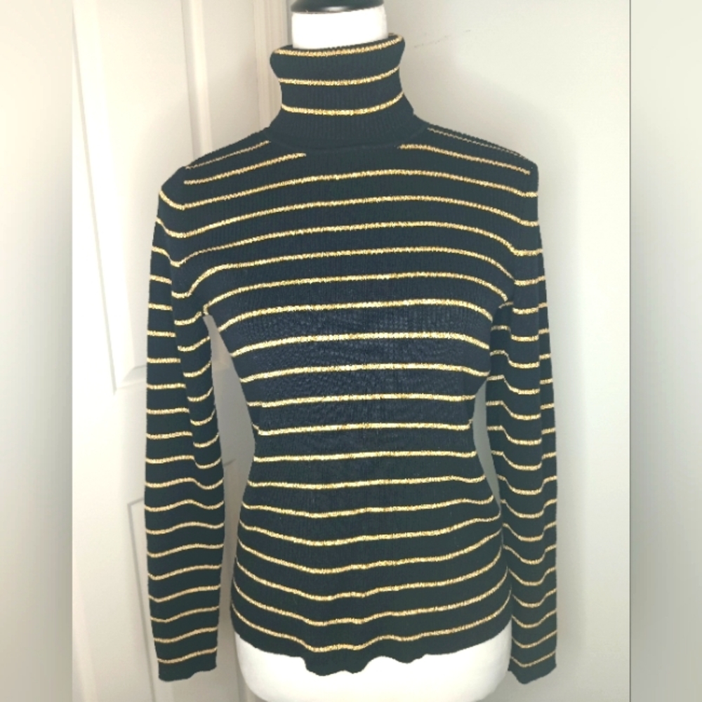 Lauren Ralph Lauren Black Turtleneck Sweater with Gold Stripes